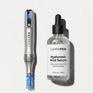 Premium product flat lay of the silver LUMEPEN PRO at-home microneedling pen alongside a clear glass dropper bottle of LUMEPEN Hyaluronic Acid Serum on a sleek light grey background.