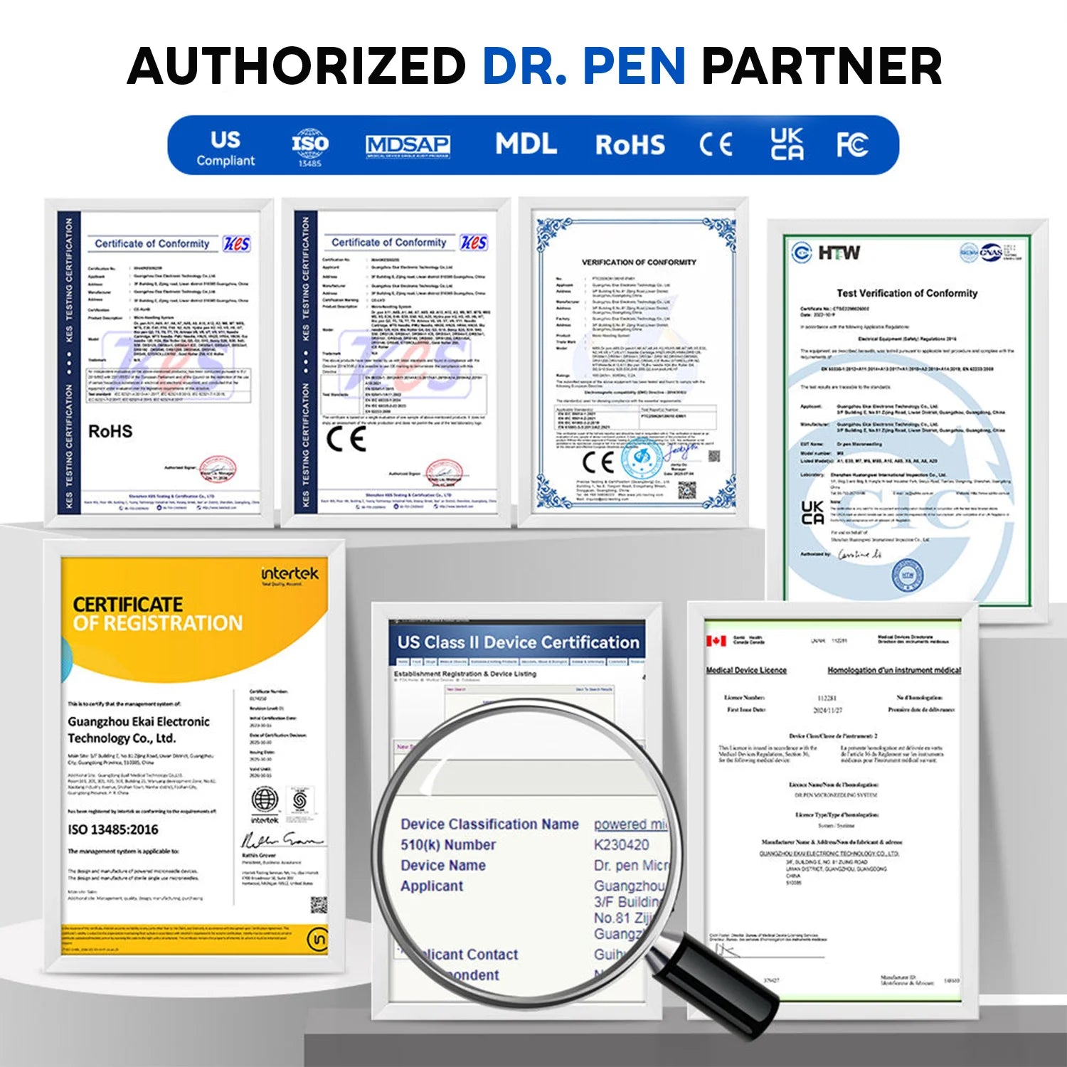 A clean showcase of regulatory safety documents, CE stamps, and official compliance certificates displayed under a magnifying glass, labeling LUMEPEN as a fully verified, Authorized Dr. Pen Partner.