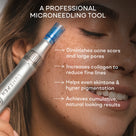 Close-up profile view of a woman precisely applying the silver LUMEPEN microneedling device to her cheek with text overlays detailing clinical benefits: diminishes acne scars, increases collagen, and minimizes large pores.